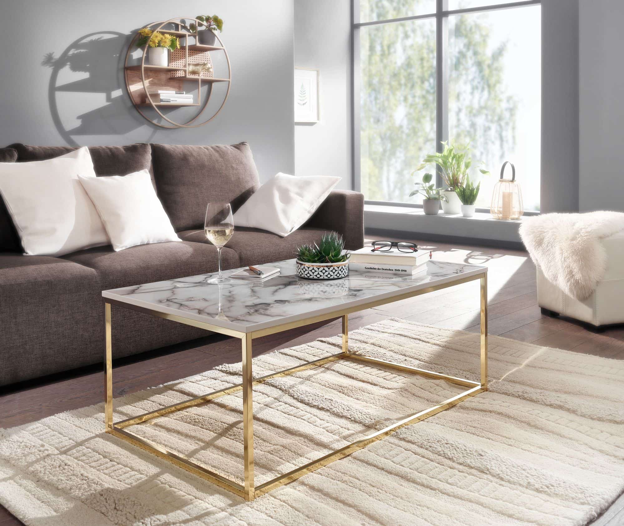 couchtisch 100x60x40 cm mit marmor optik weiß / gold